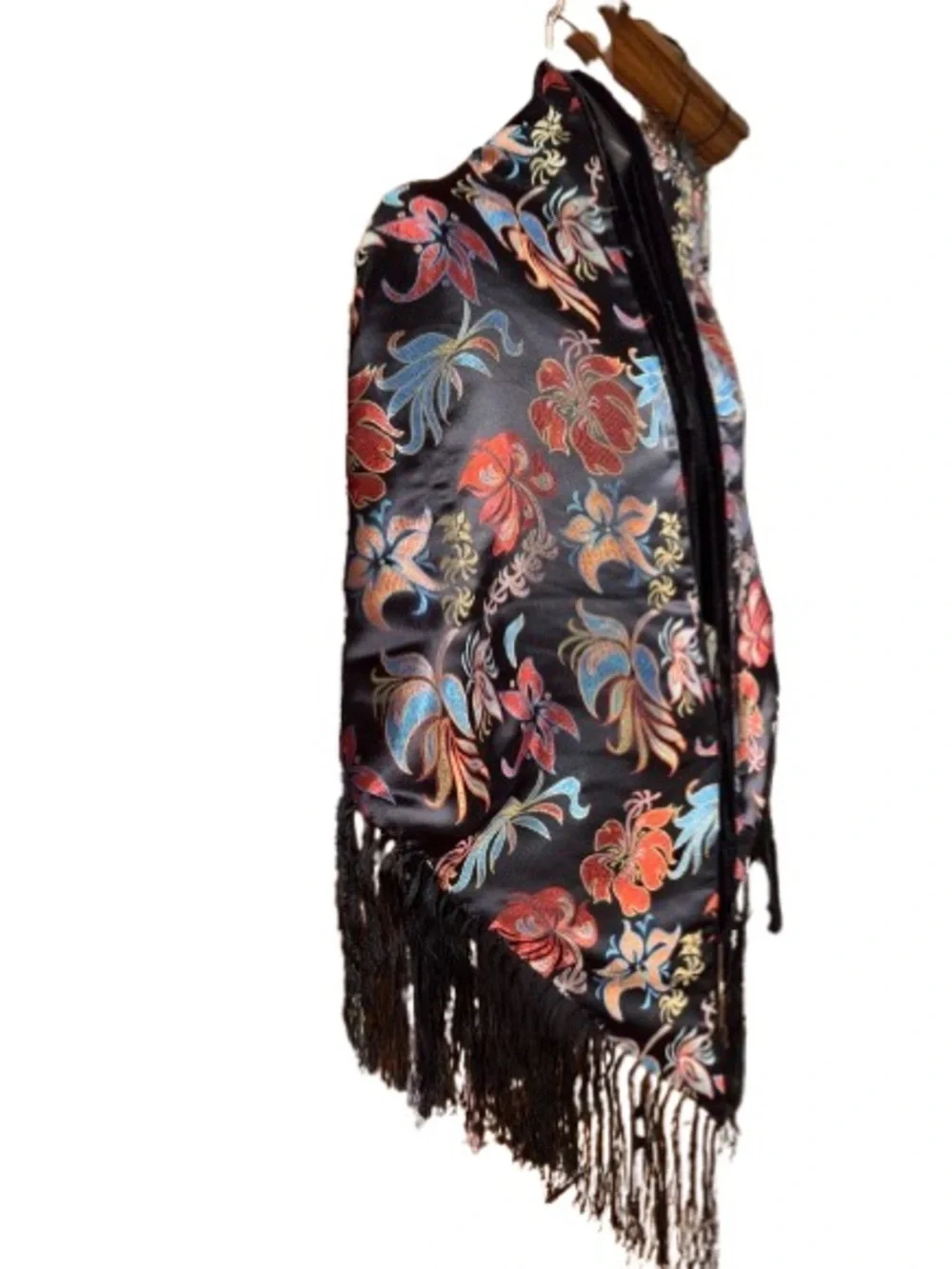 black floral embroidered silk like boho shawl featuring long fringe trim